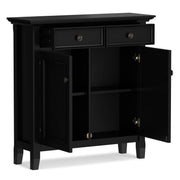 Simpli-Home Amherst accent storage cabinet with wood finish and multiple doors, ideal for living room or hallway storage.