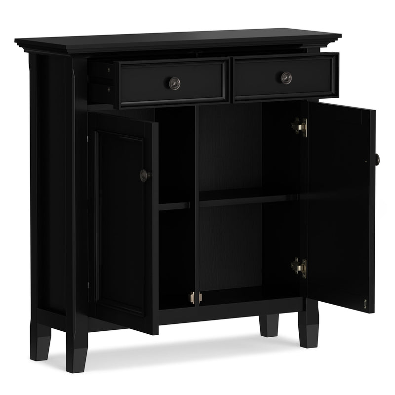 Simpli-Home Amherst accent storage cabinet with wood finish and multiple doors, ideal for living room or hallway storage.