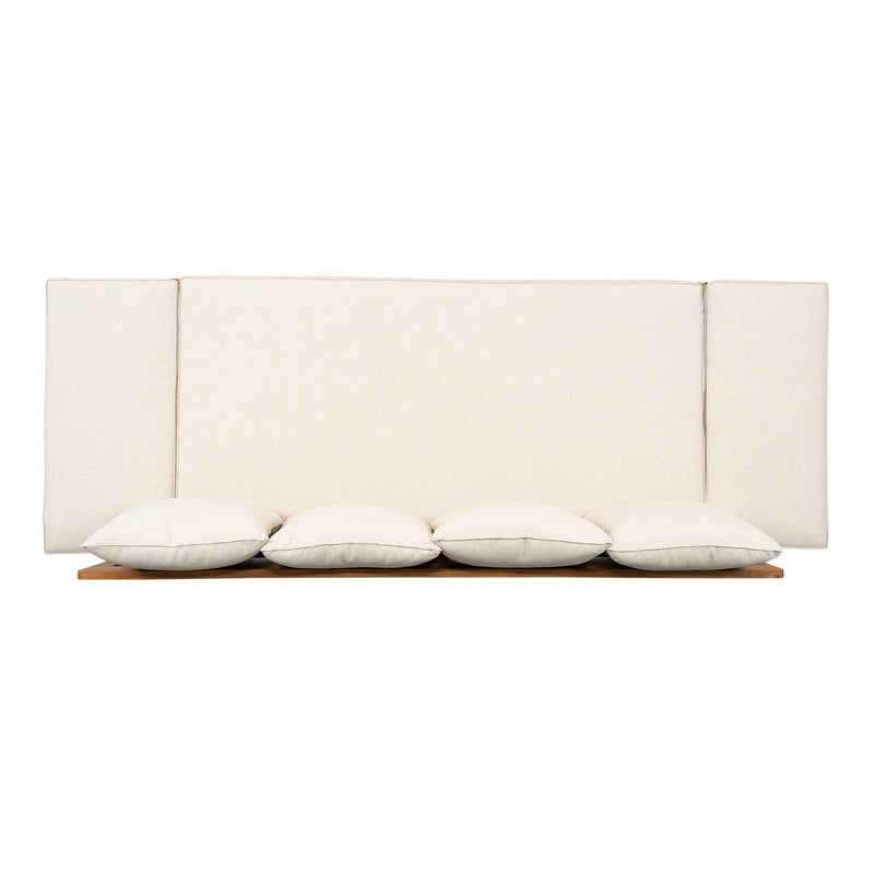 Noble House outdoor patio daybed sofa with three seats, foldable arms, and four back pillows on a patio setting.