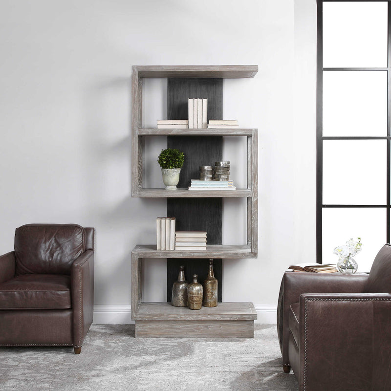Modern Pearl Silver Nicasia etagere by Uttermost, featuring sleek shelves and contemporary design in a stylish silver finish.