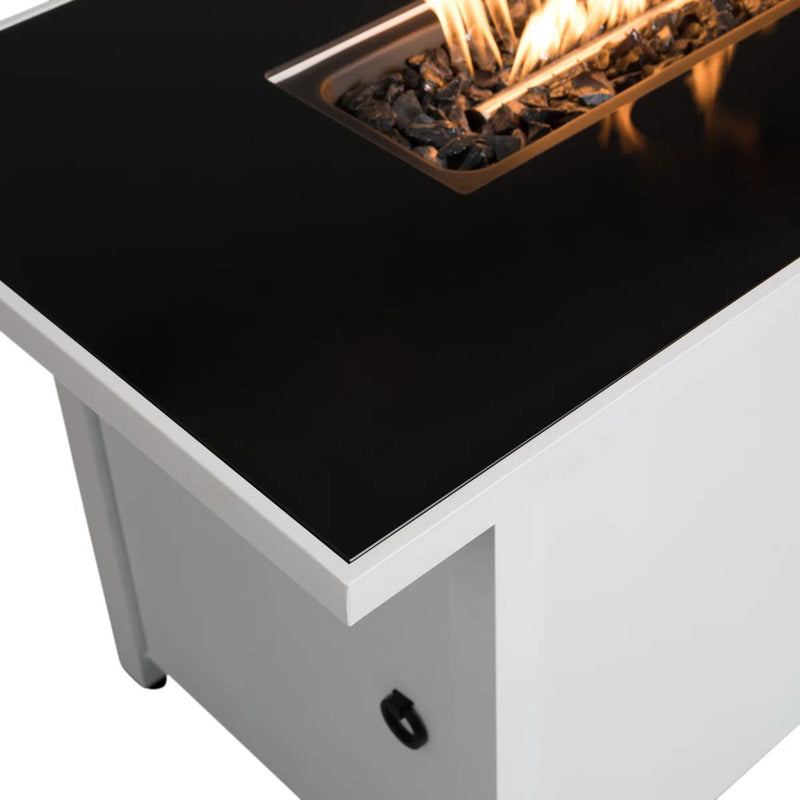 Outdoor white rectangular fire pit table with adjustable flame control, 43-inch size, by LSI Patio Furniture.