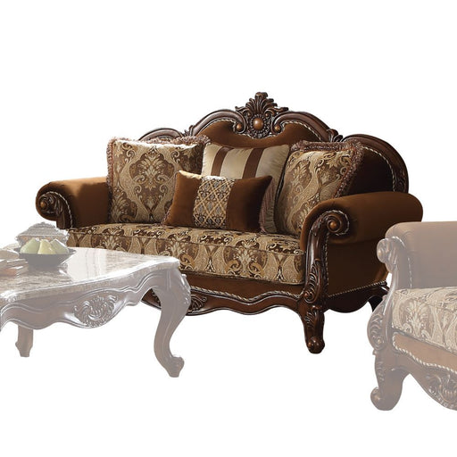 Jardena - Loveseat With 4 Pillows (Same Lv01592) - Pattern Fabric & Cherry Oak - R&R Furniture Gallery (Fountain Valley, CA)