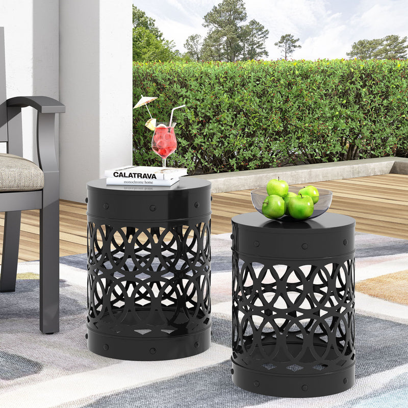 Set of two Noble House Delight powder-coated iron end tables with sleek, modern design and sturdy metal construction.