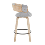 Set of two Lumi Source Elisa farmhouse counter stools with white washed and gray finish, featuring wooden legs and cushioned seats.