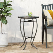 Black outdoor side table with tile mosaic tabletop by Noble House, featuring a sturdy frame and decorative surface.