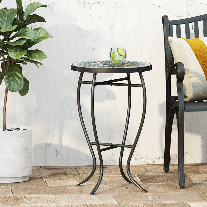 Black outdoor side table with tile mosaic tabletop by Noble House, featuring a sturdy frame and decorative surface.