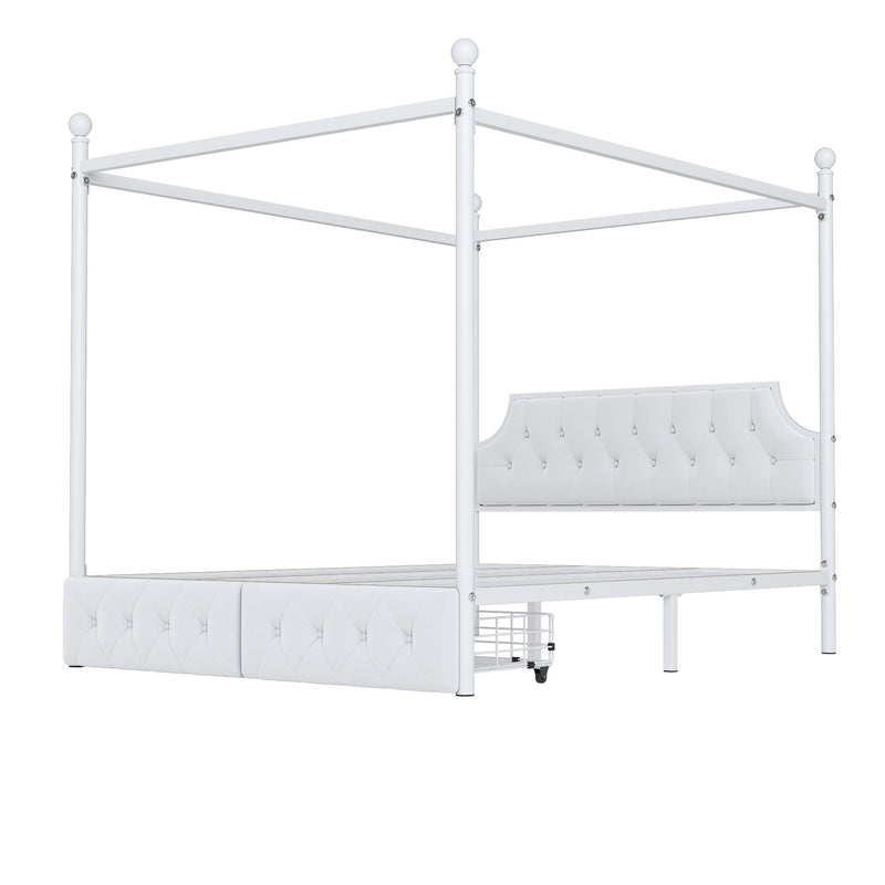 Queen Size Canopy Platform Bed With Upholstered Headboard And 2 Storage Drawers - White - R&R Furniture Gallery (Fountain Valley, CA)