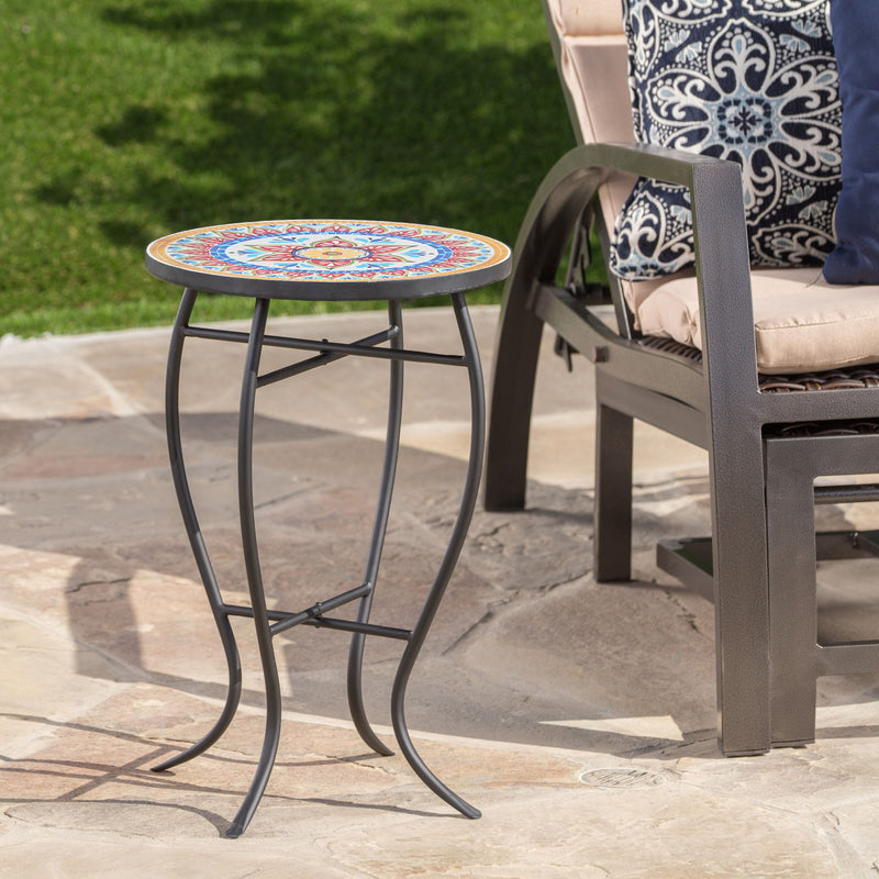 Outdoor Round Side Table With Mosaic Style Top And Curved Iron Legs - R&R Furniture Gallery (Fountain Valley, CA)