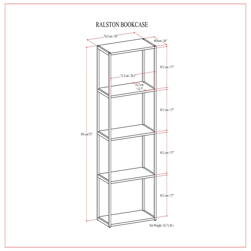Rustic natural aged brown Simpli-Home Ralston bookcase with multiple shelves and open etagere design for stylish storage.