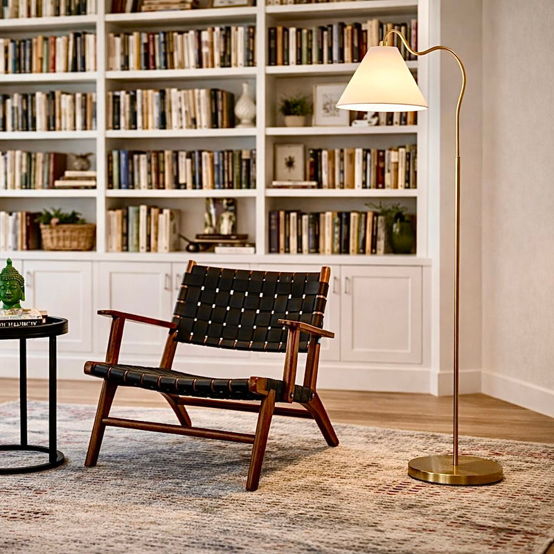 Majestic - Ring Base Curved Floor Lamp With Triangle Drum Shade - Gold / White - R&R Furniture Gallery (Fountain Valley, CA)