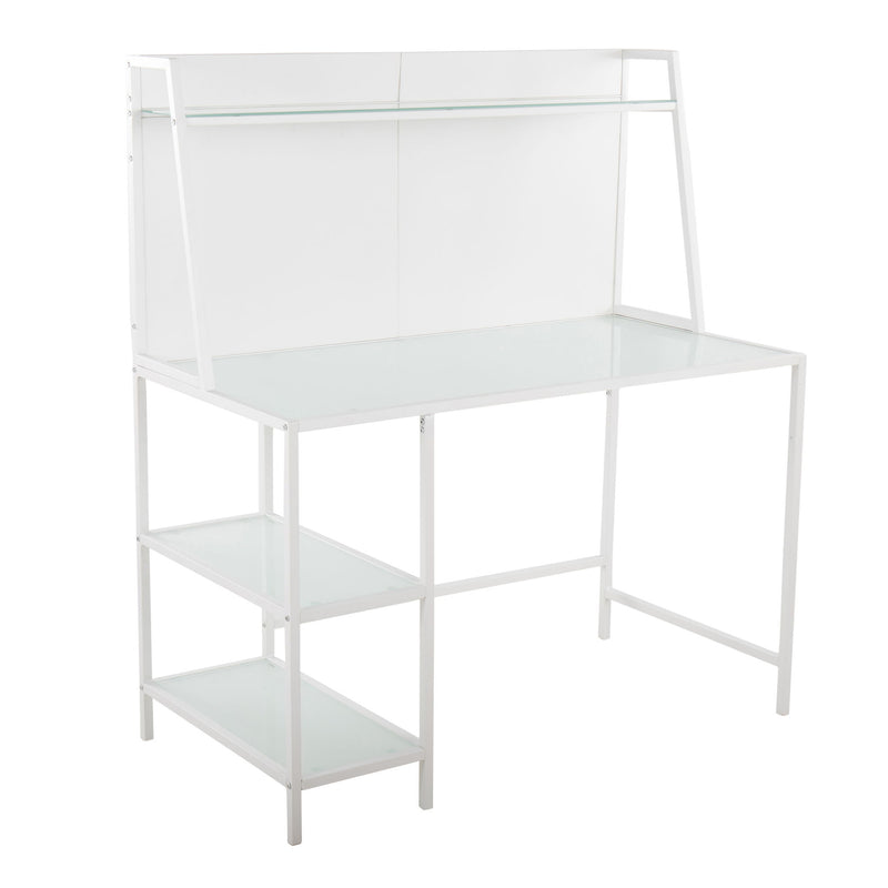 Lumi Source Geo Tier contemporary writing desk with geometric metal frame and wooden top, modern office workspace furniture