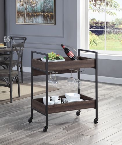 ACME Jerrick serving cart with walnut wood surfaces and black metal frame, ideal for bar and serving needs.