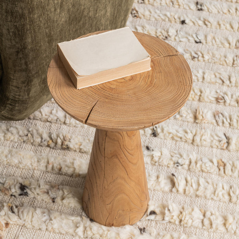Alina accent table by Classic Home with Heartwood natural finish, round surface, and sturdy wooden legs, stylish home decor piece