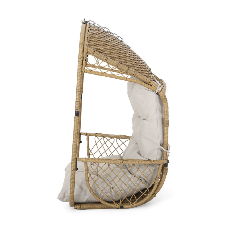 Noble House Malia wicker hanging chair with cushion, outdoor hammock seat with sturdy frame and plush cushion for relaxing.