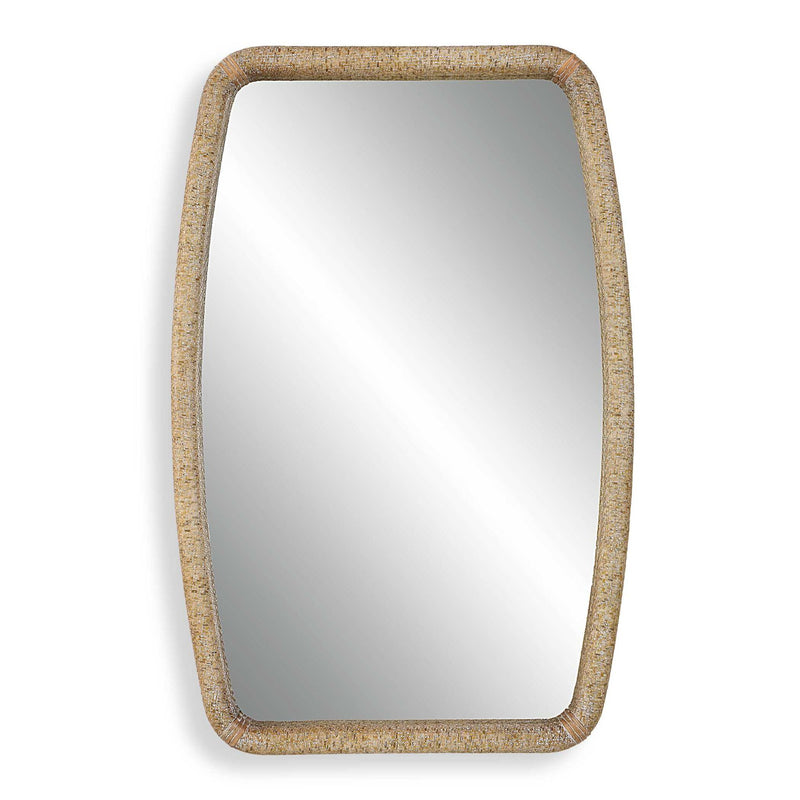 Gold Tiki accent mirror by Uttermost featuring a stylish, tropical-inspired tiki design with a round reflective surface.