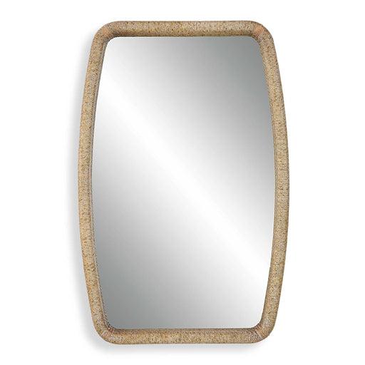 Gold Tiki accent mirror by Uttermost featuring a stylish, tropical-inspired tiki design with a round reflective surface.