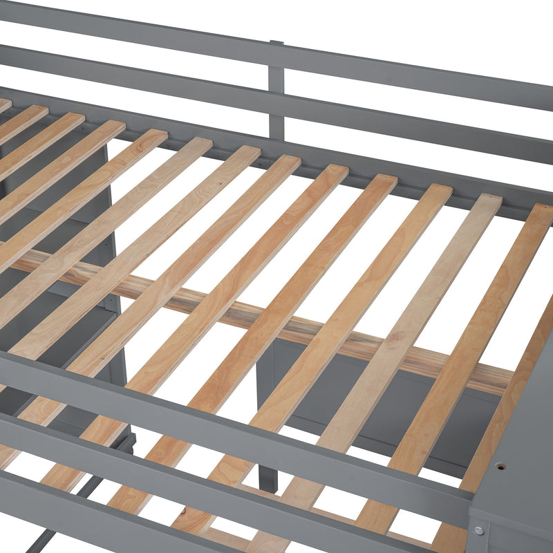 DreamHaus loft bed with twin size standalone bed, shelves, desk, and wardrobe in a modern bedroom setup.
