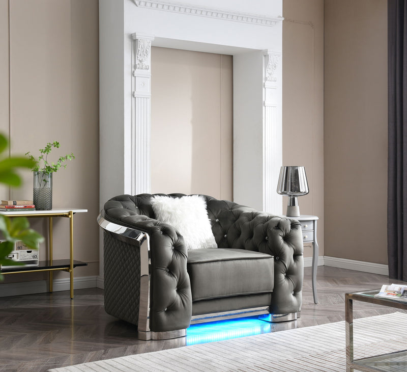 Gray accent arm chair from Glory Furniture featuring plush fabric and sleek design, perfect for modern living rooms.
