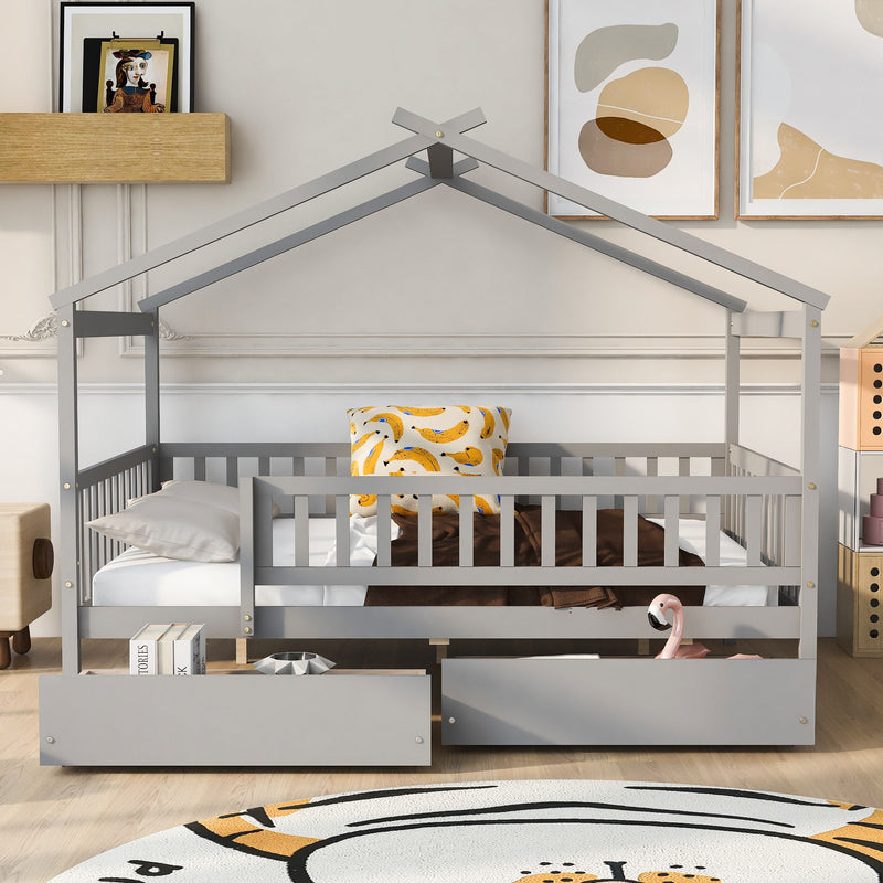 DreamHaus house bed with built-in storage drawers, cozy wooden frame, perfect for kids' bedroom organization