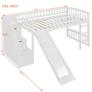 DreamHaus loft stairway bed with two drawers, convertible ladder, and slide in a modern kids' bedroom setting.