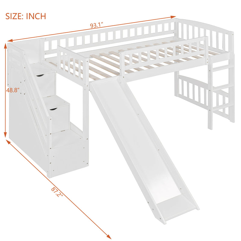 DreamHaus loft stairway bed with two drawers, convertible ladder, and slide in a modern kids' bedroom setting.