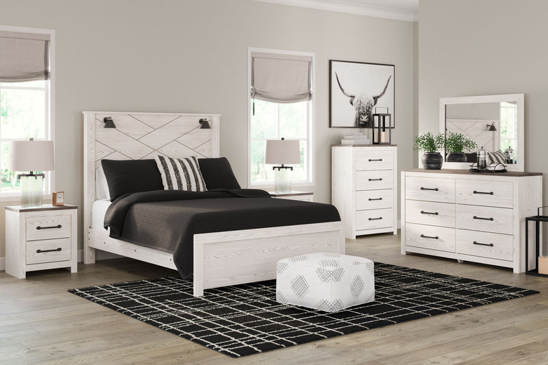 Gerridan 6-piece bedroom set with matching panel bed, dresser, mirror, nightstands, and wall sconces from Signature Design by Ashley.