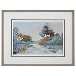 Watercolor framed print titled Morning Lake by Uttermost featuring a serene blue lake scene with a wooden frame.