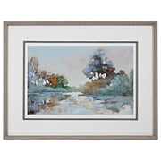 Watercolor framed print titled Morning Lake by Uttermost featuring a serene blue lake scene with a wooden frame.