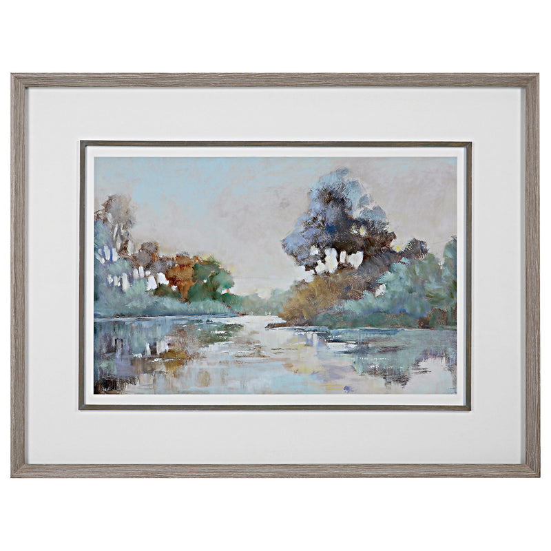 Watercolor framed print titled Morning Lake by Uttermost featuring a serene blue lake scene with a wooden frame.
