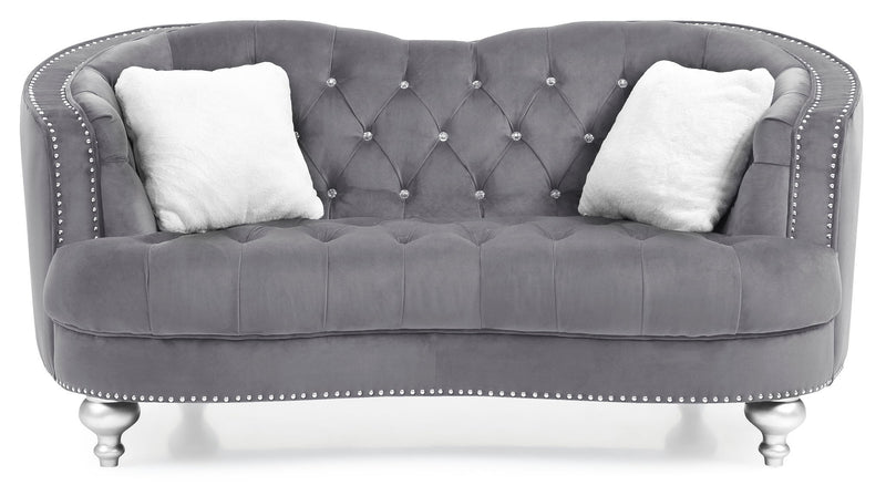 Glory Furniture Jewel loveseat, a stationary loveseat with plush cushions and elegant design, ideal for cozy living room seating.