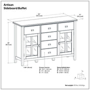 Handcrafted Simpli-Home Artisan sideboard buffet with wooden finish and multiple storage drawers and cabinets.