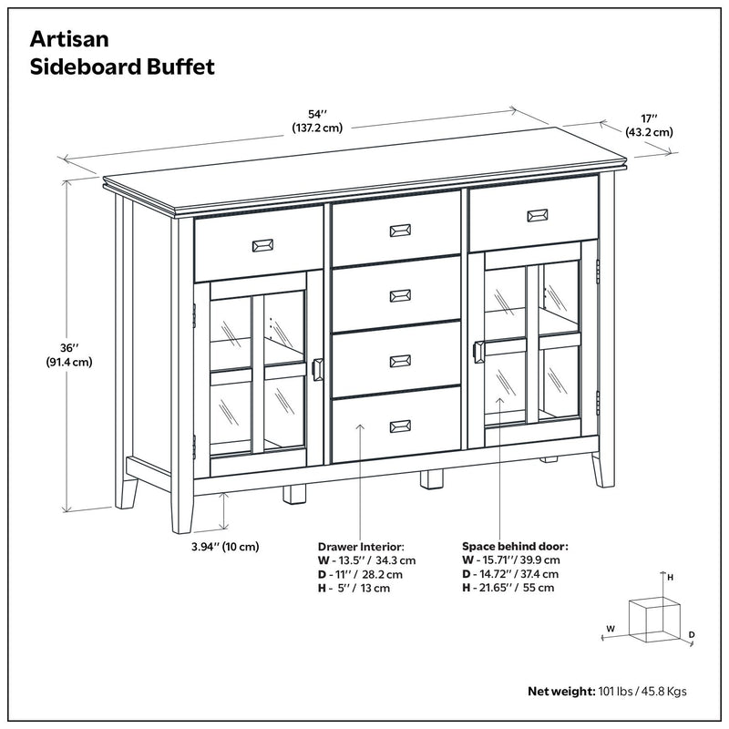 Handcrafted Simpli-Home Artisan sideboard buffet with wooden finish and multiple storage drawers and cabinets.