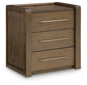 Brown Marxmore three drawer nightstand with built-in charging stations, made by Benchcraft® for convenient bedroom storage.