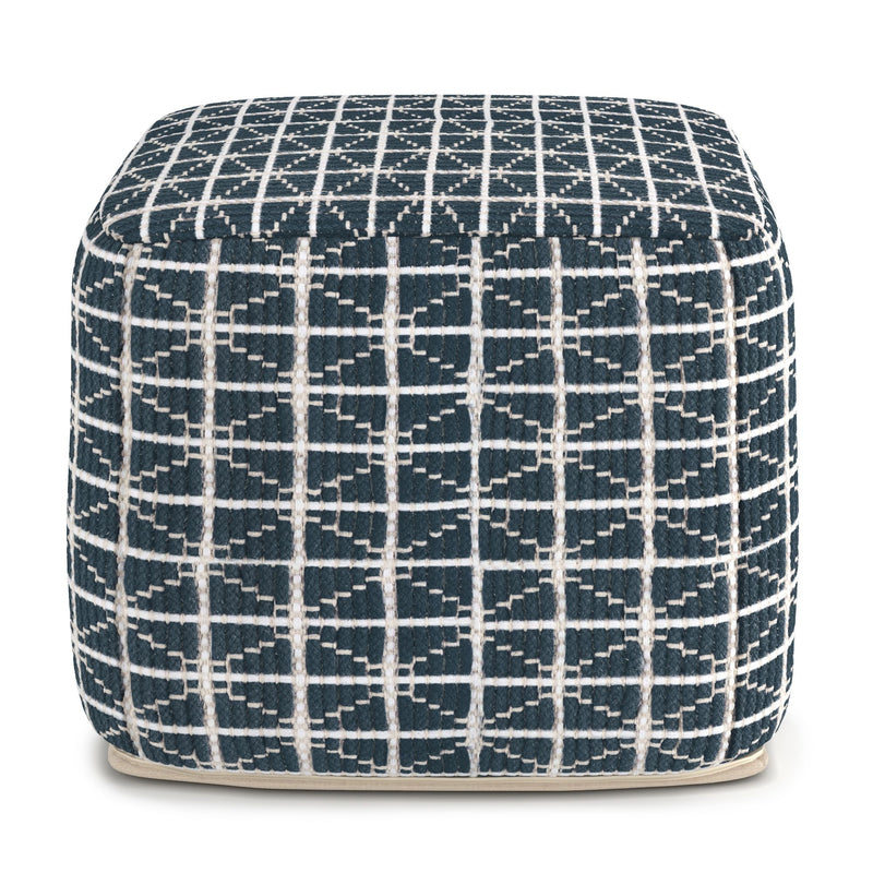 Simpli-Home Noreen upholstered square accent pouf with soft fabric and plush cushioning, ideal for living room or bedroom decor.