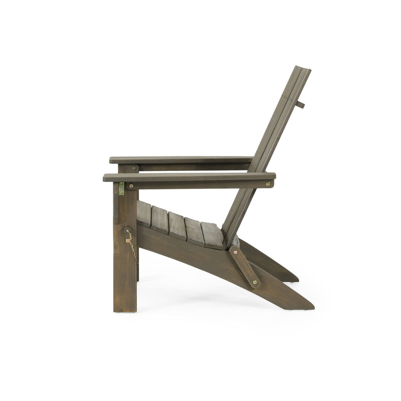 Noble House Aurascape outdoor foldable Adirondack arm chair in weather-resistant material with a slatted back and wide armrests.
