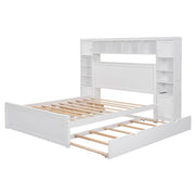 DreamHaus cabinet bed with integrated shelf, sockets, and twin long trundle, showcasing its sleek design and functional storage.