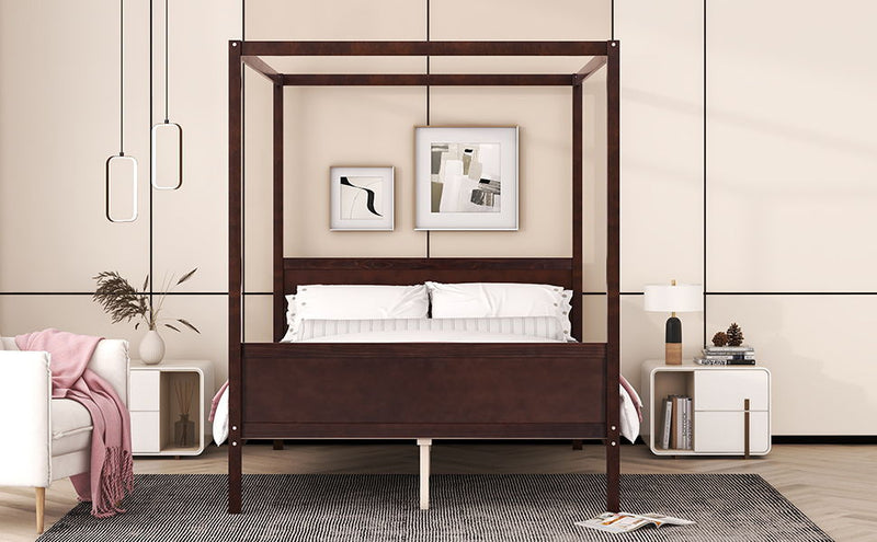 DreamHaus canopy platform bed with headboard, footboard, and slat support legs, showcasing a modern bedroom furniture design.
