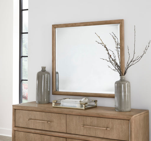 Modus Dorsey solid wood and glass mirror in Granola finish, standalone design with a sleek wooden frame and clear reflective surface.