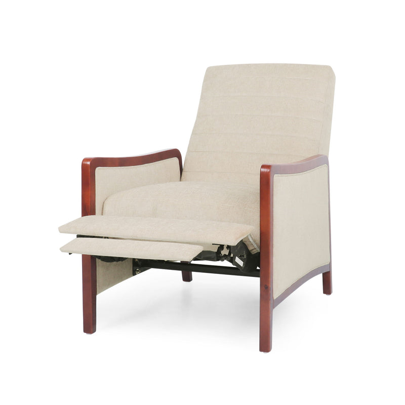 Noble House mid-century modern fabric channel stitch wood pushback recliner with cushioned seat and wooden armrests.