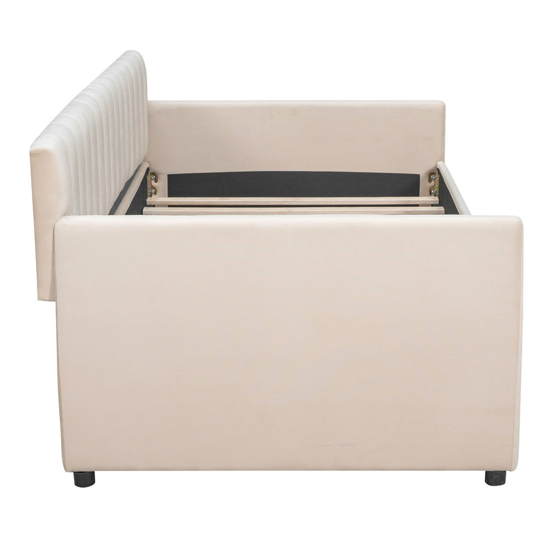 DreamHaus upholstered daybed with slat support, featuring built-in storage beds in a cozy fabric finish.