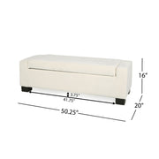 Noble House textured fabric ottoman bench with hinged lid, versatile storage and seating piece, neutral color and modern design.