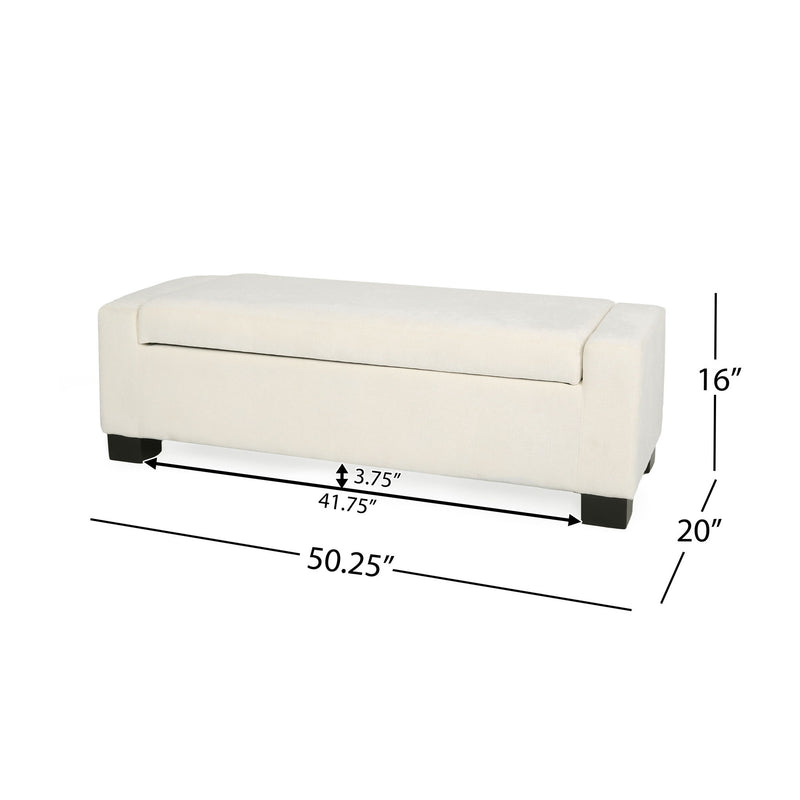 Noble House textured fabric ottoman bench with hinged lid, versatile storage and seating piece, neutral color and modern design.