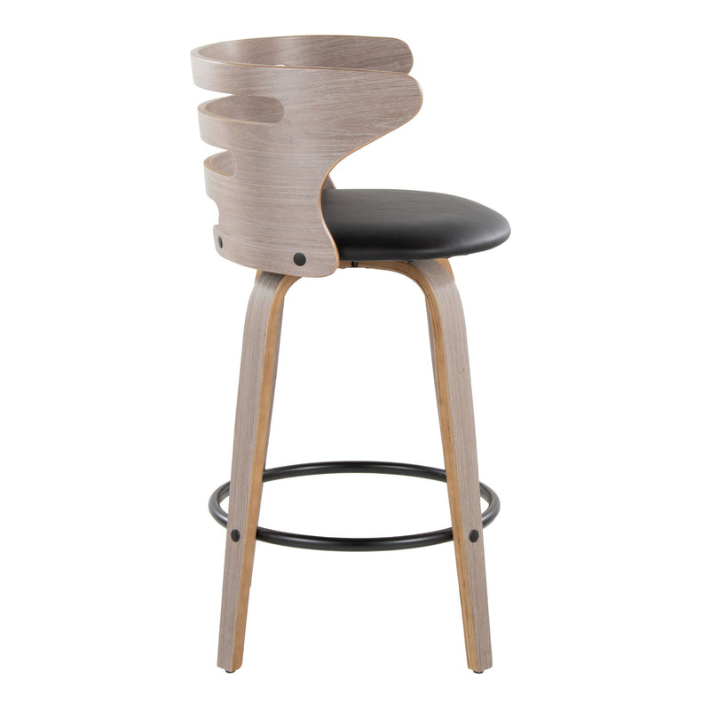 Set of two Lumi Source Cosini mid-century modern barstools with swivel seats and round footrests, showcasing sleek wood and metal design.