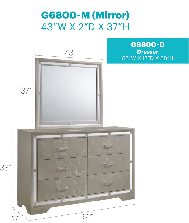 Glory Furniture Alana silver champagne dresser with sleek modern design, featuring multiple drawers and metallic finish.