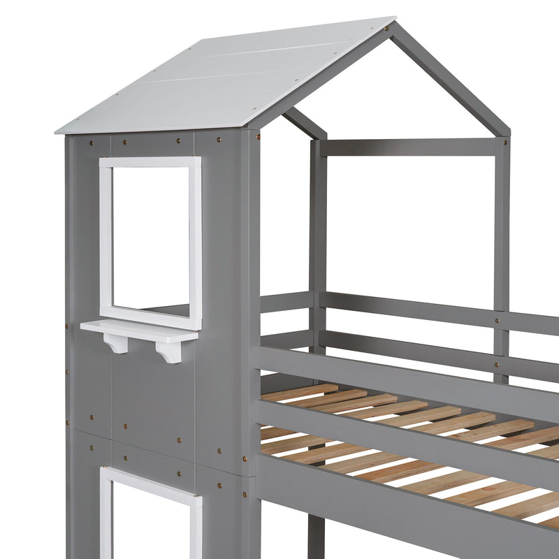 DreamHaus wooden bunk bed with roof, window, guardrail, and ladder, showcasing a sturdy multi-level bed for kids.