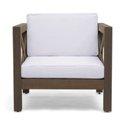 Noble House Brava mid-century modern arm chair with water-resistant cushions, featuring sleek wooden legs and plush seating.