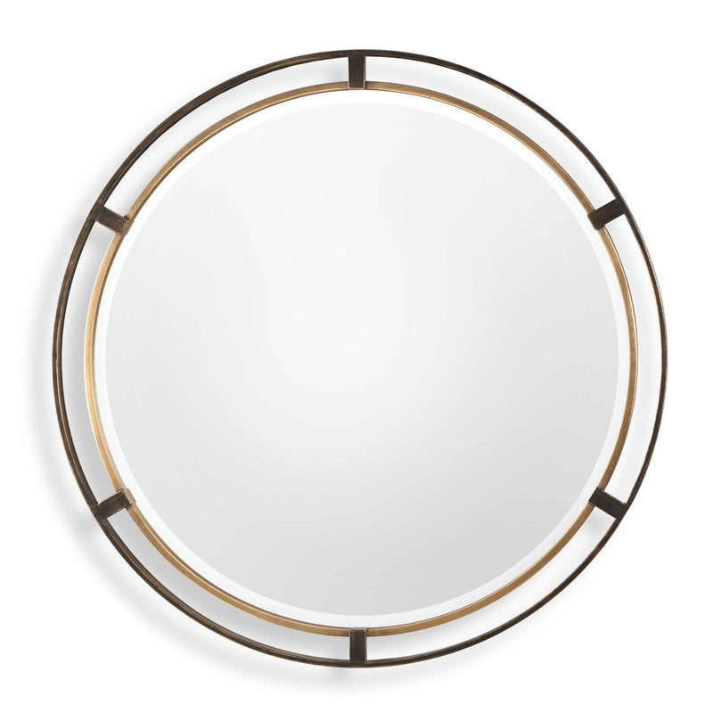 Uttermost Carrizo round bronze wall mirror with a sleek, modern frame, perfect for contemporary interior decor.