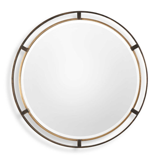 Uttermost Carrizo round bronze wall mirror with a sleek, modern frame, perfect for contemporary interior decor.