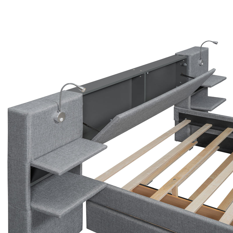 Upholstered Platform Bed With Reading Lights, Drawers, Trundle And Shelves - R&R Furniture Gallery (Fountain Valley, CA)
