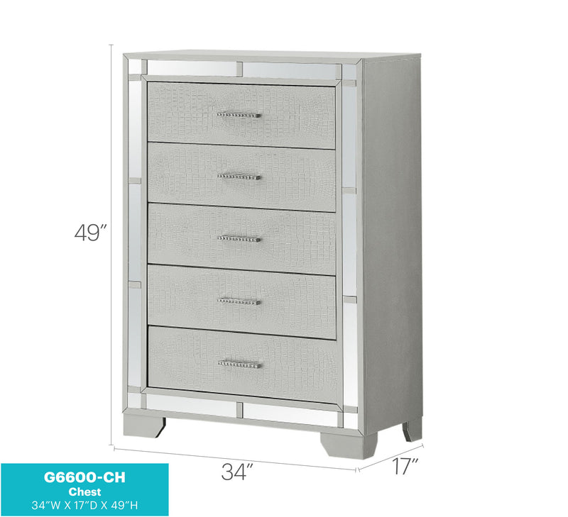 Silver champagne Madison accent chest by Glory Furniture with sleek design and storage drawers, ideal for stylish home decor.